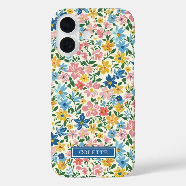Blaue und gelbe Ditsy-Blumen monogrammiert Case-Mate iPhone Hülle (Rückseite)