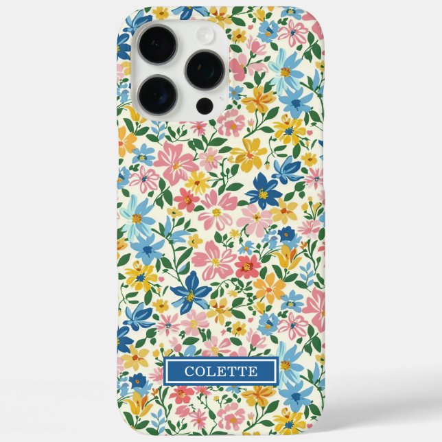 Blaue und gelbe Ditsy-Blumen monogrammiert Case-Mate iPhone Hülle (Rückseite)