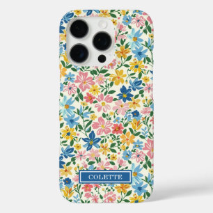 Blaue und gelbe Ditsy-Blumen monogrammiert iPhone 16 Pro Hülle