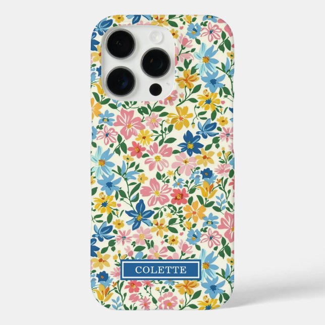 Blaue und gelbe Ditsy-Blumen monogrammiert Case-Mate iPhone Hülle (Rückseite)