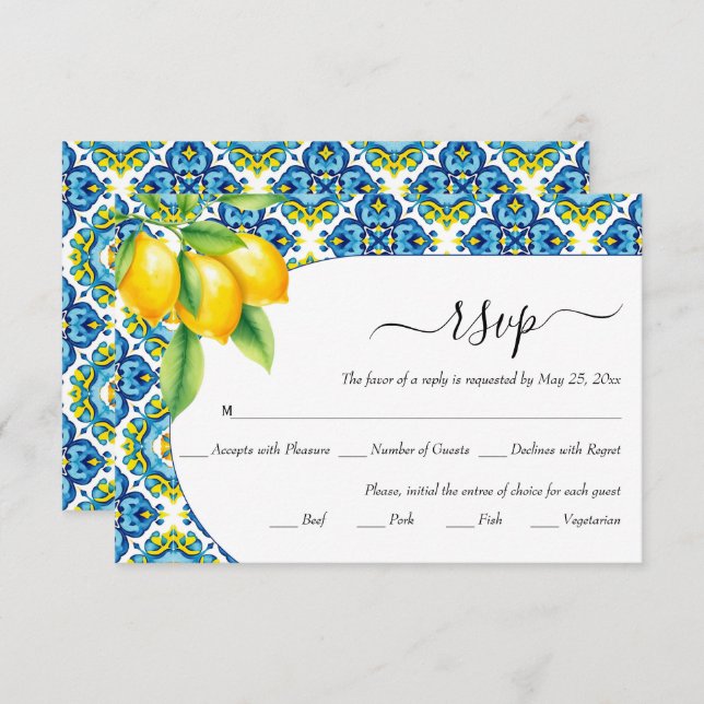 Blaue und gelbe Fliesen, Zitronenhochzeit RSVP Karte (Vorne/Hinten)