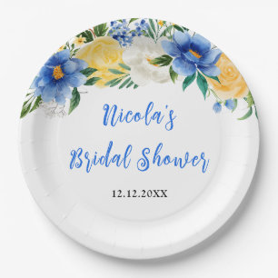 Blaue und gelbe florale Brautparty Pappteller
