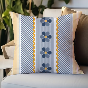Blaue und gelbe florale diagonale Streifen Kissen