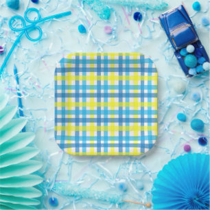 Blaue und gelbe Gingham-Party-Teller aus Papier Pappteller