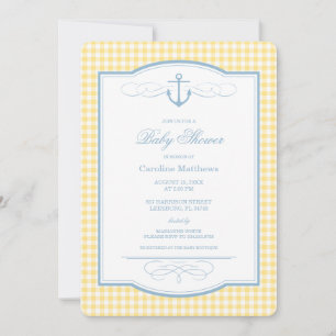 Blaue und gelbe Gingham-Preppy-Küsten-Babyparty Einladung