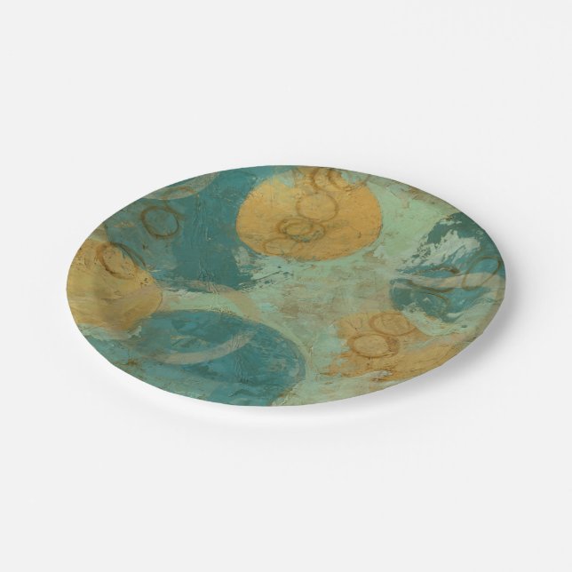 Blaue und gelbe Kreise Pappteller (Schrägansicht)