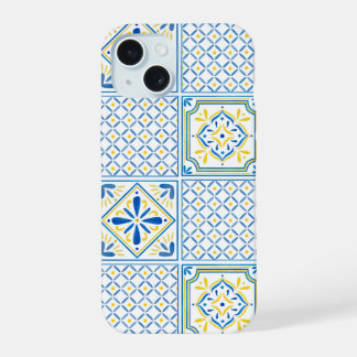Blaue und gelbe mediterrane italienische Fliese iPhone 15 Hülle