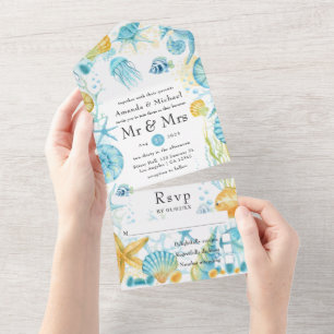 Blaue und gelbe Meerestiere nautische Hochzeit All In One Einladung