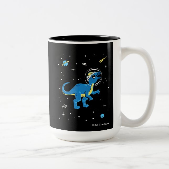 Blaue und gelbe Pachycephalosaurus Dinos im Weltra Zweifarbige Tasse (Rechts)