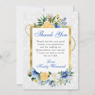 Blaue und gelbe Sommerblumen Gold Quinceanera Dankeskarte