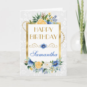 Blaue und gelbe Sommerblumen Goldfolie Geburtstag Karte