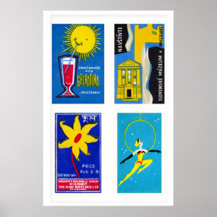 Blaue und gelbe Streichholzschachtel-Etiketten-Ras Poster