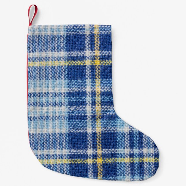 Blaue und gelbe Tartan oder karierter Hintergrund  Kleiner Weihnachtsstrumpf (Vorderseite)