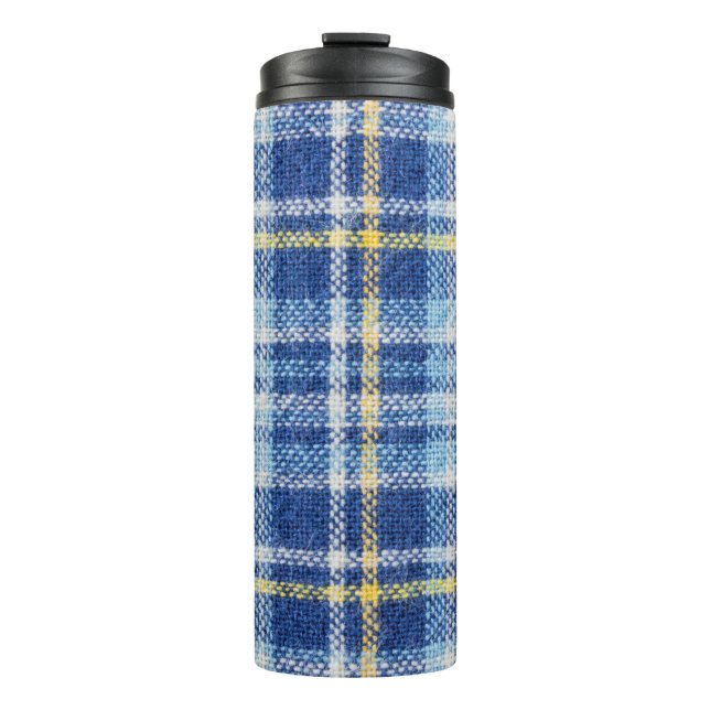 Blaue und gelbe Tartan oder karierter Hintergrund  Thermosbecher (Vorderseite)