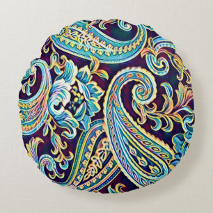 Blaue und gelbe Traum Vintage Paisley Rundes Kissen