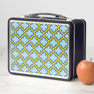 Blaue und gelbe Trellis, Gitter, Quatrefolie Metall Brotdose