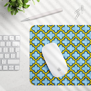Blaue und gelbe Trellis, Gitter, Quatrefolie Mousepad