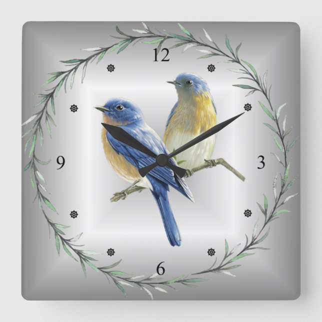 Blaue und gelbe Vögel Grüne Blätterring Blau/Graue Quadratische Wanduhr (Vorderseite)