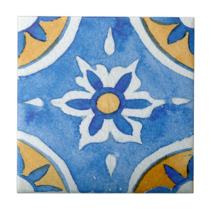 Blaue und gelbe Wasserfarb-Mittelmeer-Musterfliese Fliese