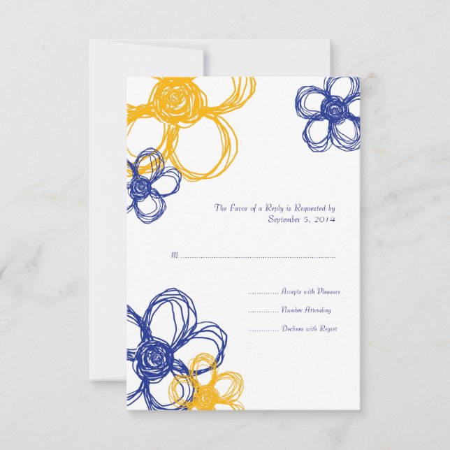 Blaue und gelbe wild lebende Blume Hochzeit-RSVP RSVP Karte (Vorderseite)