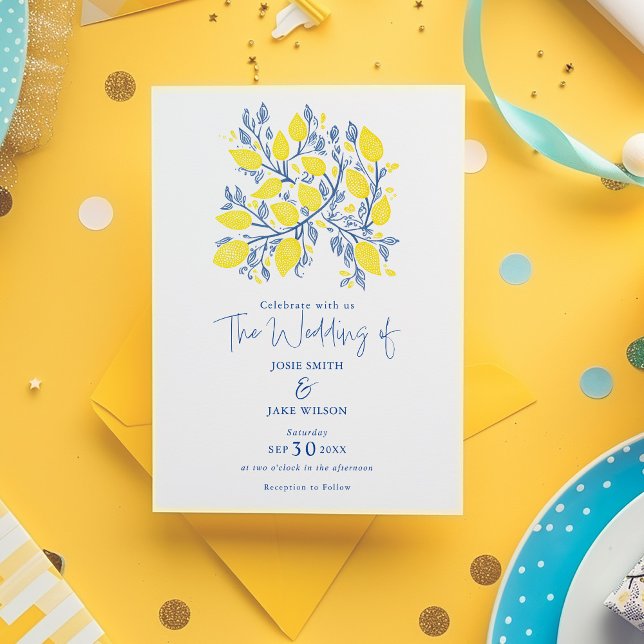 Blaue und gelbe Zitronenweine Einladung Hochzeiten (Bright yellow and blue theme. The top of the card features a delightful lemon branch illustration.)