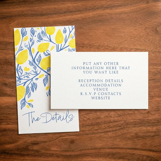 Blaue und gelbe Zitronenweine Hochzeit der Details Begleitkarte (Blue and yellow lemon vines wedding the details enclosure card.)