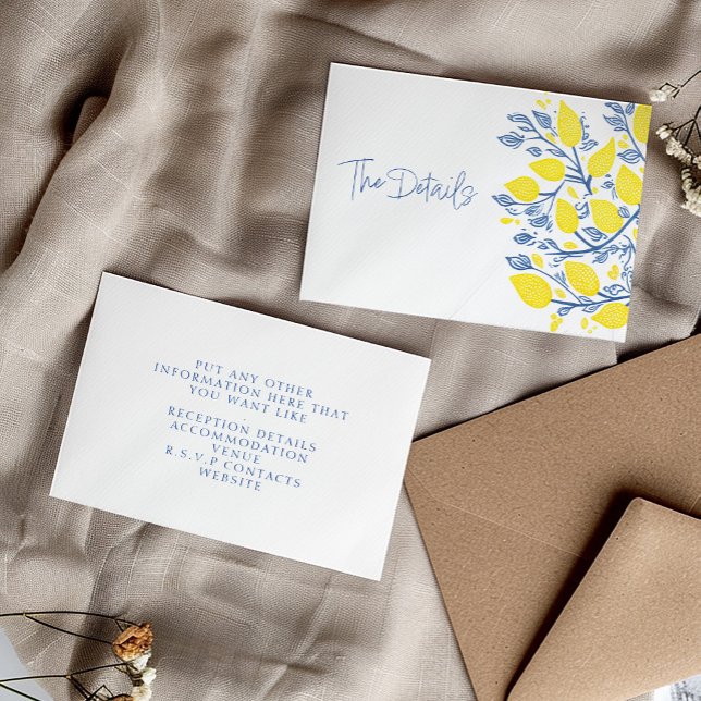 Blaue und gelbe Zitronenweine im Detail Begleitkarte (Refreshing Blue and Yellow Lemon Vines "The Details" Wedding Enclosure Card.)