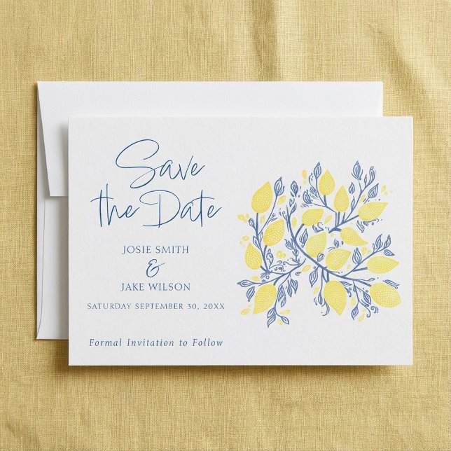 Blaue und gelbe Zitronenweine Save the Date (Blue and yellow Lemon vines save the date.)