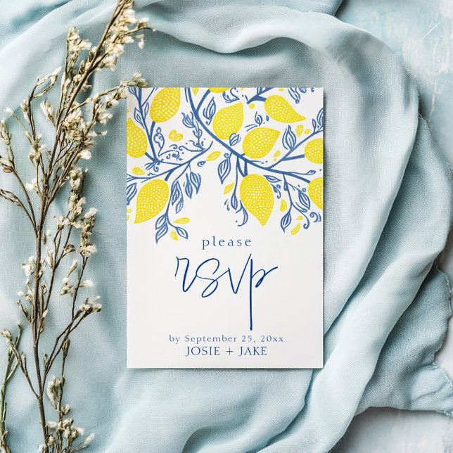 Blaue und gelbe Zitronenweine uAwg Begleitkarte (Bright Blue and Yellow Lemon Vines wedding RSVP Enclosure Card. )