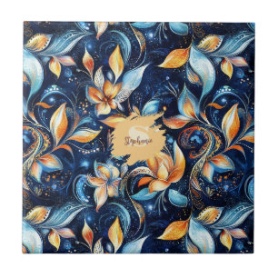 Blaue und goldene abstrakte Paisley-Blätter (2) Fliese