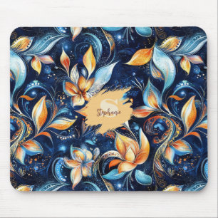 Blaue und goldene abstrakte Paisley-Blätter (2) Mousepad