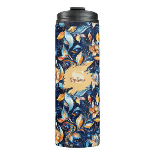 Blaue und goldene abstrakte Paisley-Blätter (2) Thermosbecher