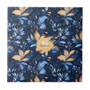 Blaue und goldene abstrakte Paisley-Blätter (3) Fliese