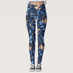 Blaue und goldene abstrakte Paisley-Blätter (3) Leggings