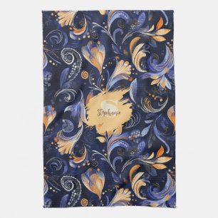 Blaue und goldene abstrakte Paisley-Blätter Geschirrtuch