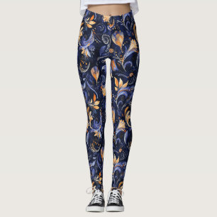 Blaue und goldene abstrakte Paisley-Blätter Leggings