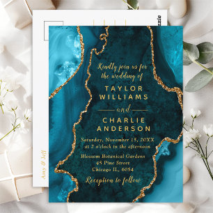 Blaue und goldene Achat-Marmor-Hochzeit Postkarte