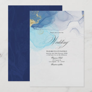Blaue und goldene Alkohol-Tinte Hochzeitseinladung Einladung