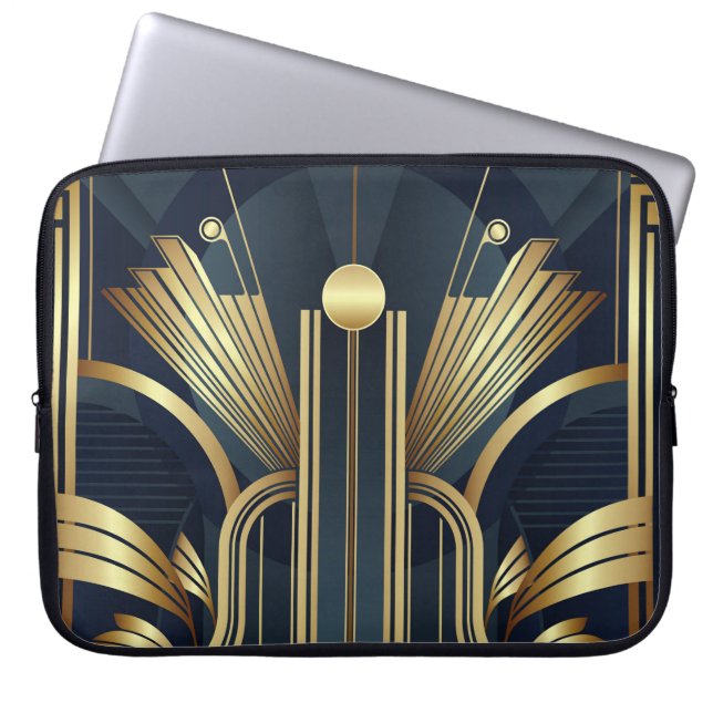 Blaue und goldene Art Deco  Laptopschutzhülle (Vorderseite)