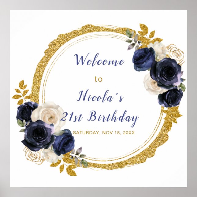 Blaue und goldene Blume Geburtstagsparty Poster (Vorne)