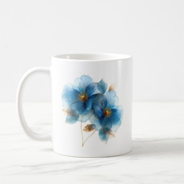 Blaue und goldene Blume mit zartem Aquarellhimmel Kaffeetasse (Links)