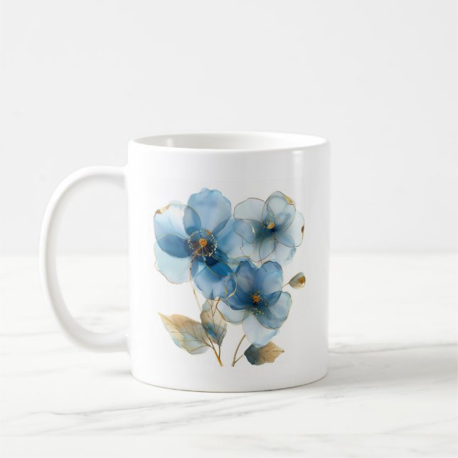 Blaue und goldene Blume mit zartem Aquarellhimmel Kaffeetasse (Links)