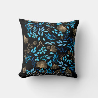 Blaue und goldene Blume - Name hinzufügen Kissen