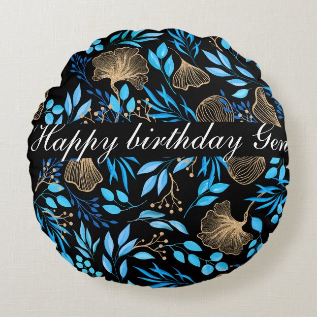 Blaue und goldene Blume - Name hinzufügen Rundes Kissen (Vorderseite)