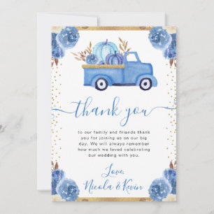 Blaue und goldene Blumen-Kürbis-LKW-Hochzeit im He Dankeskarte