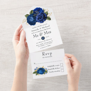 Blaue und goldene Blumenhochzeit All In One Einladung