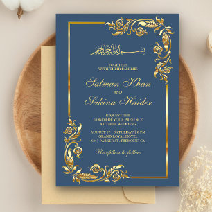 Blaue und goldene Blumenrand islamische Hochzeit Einladung