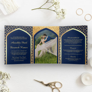 Blaue und goldene Bollywood-Hochzeit im indischen Dreifach Gefaltete Einladung
