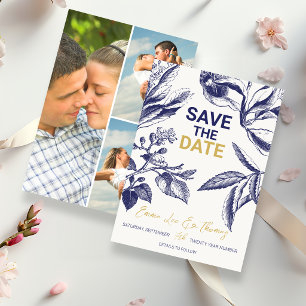 Blaue und goldene botanische 3-Foto-Hochzeit Save The Date