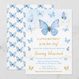 Blaue und goldene Butterfly-Baby-Party Einladung